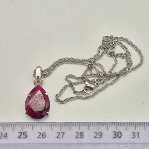 Faceted Ruby Necklace 925 Sterling Silver Bezel Pendant - Steel Chain