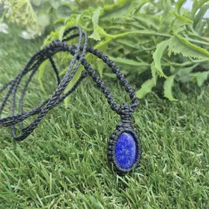 Lapis Lazuli Macrame Necklace, Blue Crystal Wrapped Woven Necklace