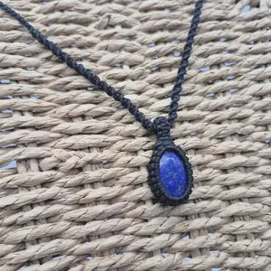 Lapis Lazuli Macrame Necklace, Blue Crystal Wrapped Woven Necklace