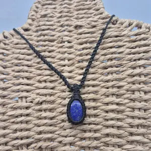 Lapis Lazuli Macrame Necklace, Blue Crystal Wrapped Woven Necklace