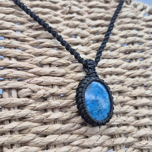 Blue Apatite Macrame Necklace, Blue Crystal Woven Necklace, Gemstone Pendant
