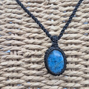 Blue Apatite Macrame Necklace, Blue Crystal Woven Necklace, Gemstone Pendant