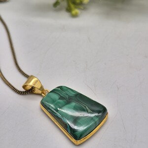 Handcrafted Malachite Brass Necklace: Healing Crystal Jewelry
