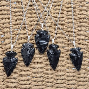 Raw Black Obsidian Arrow Necklace - Steel Chain