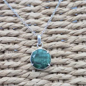 Faceted Emerald Silver 925 Bezel Necklace with Steel Chain