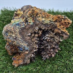 Ankerite Dogtooth Calcite with Azurite & Malachite | Rare Combination Mineral Specimen from Greece | Collector’s Display Crystal