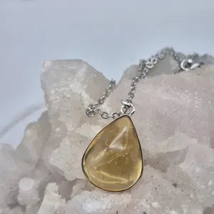 Natural Citrine Necklace: 925 Silver Bezel, Stainless Steel Chain