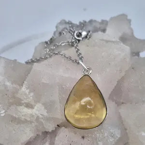 Natural Citrine Necklace: 925 Silver Bezel, Stainless Steel Chain