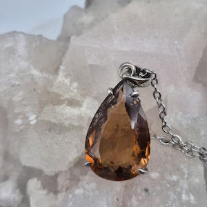 Orange Brown Faceted Teardrop Tourmaline Pendant: Sterling Silver, Stainless Steel Chain