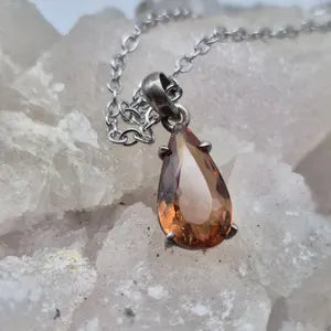 Orange Brown Faceted Teardrop Tourmaline Pendant: Sterling Silver, Stainless Steel Chain