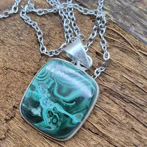 Malachite Silver-Plated Necklace with Stainless Steel Chain