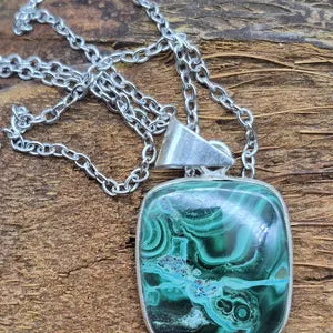 Malachite Silver-Plated Necklace with Stainless Steel Chain
