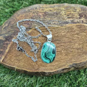 Malachite Silver-Plated Necklace with Stainless Steel Chain