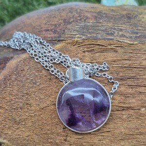 Amethyst Silver Plated Necklace in Steel Chain - Purple Crystal Pendant