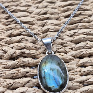 Labradorite Silver-Plated Necklace with Stainless Steel Chain