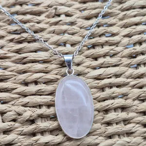 Rose Quartz Silver-Plated Necklace with Stainless Steel Chain – Handmade Pink Crystal Pendant