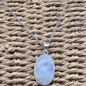 Moonstone Silver-Plated Necklace with Stainless Steel Chain – Handmade White Crystal Pendant for Everyday Elegance