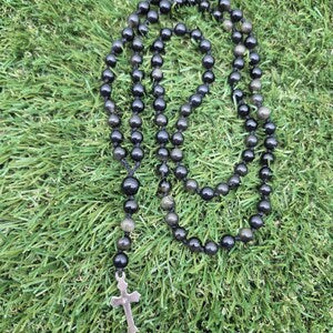 Golden Sheen Obsidian Rosary Necklace – Black Gemstone Prayer Beads
