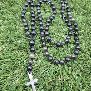 Golden Sheen Obsidian Rosary Necklace – Black Gemstone Prayer Beads