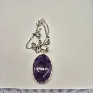 Amethyst Silver Plated Necklace in Steel Chain - Purple Crystal Pendant Necklace