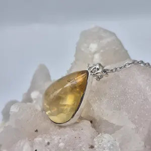 Natural Citrine Necklace: 925 Silver Bezel, Stainless Steel Chain