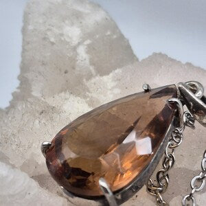 Orange Brown Faceted Teardrop Tourmaline Pendant: Sterling Silver, Stainless Steel Chain