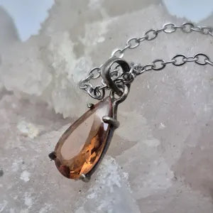 Orange Brown Faceted Teardrop Tourmaline Pendant: Sterling Silver, Stainless Steel Chain
