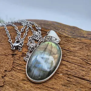 Labradorite Silver-Plated Necklace with Stainless Steel Chain