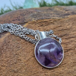 Amethyst Silver Plated Necklace in Steel Chain - Purple Crystal Pendant