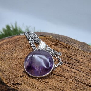 Amethyst Silver Plated Necklace in Steel Chain - Purple Crystal Pendant