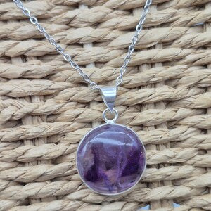 Amethyst Silver Plated Necklace in Steel Chain - Purple Crystal Pendant
