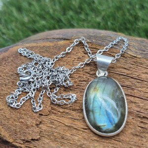 Labradorite Silver-Plated Necklace with Stainless Steel Chain