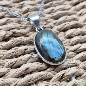 Labradorite Silver-Plated Necklace with Stainless Steel Chain