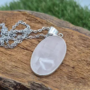 Rose Quartz Silver-Plated Necklace with Stainless Steel Chain – Handmade Pink Crystal Pendant