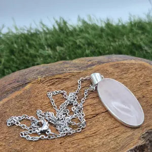 Rose Quartz Silver-Plated Necklace with Stainless Steel Chain – Handmade Pink Crystal Pendant