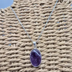 Amethyst Silver Plated Necklace in Steel Chain - Purple Crystal Pendant Necklace