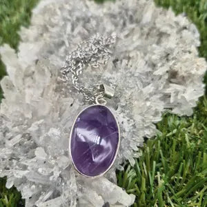 Amethyst Silver Plated Necklace in Steel Chain - Purple Crystal Pendant Necklace