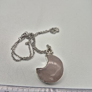 Rose Quartz Crescent Moon Necklace – Silver‑Plated Pink Gemstone on Steel Chain