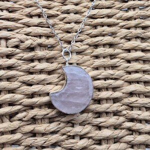 Rose Quartz Crescent Moon Necklace – Silver‑Plated Pink Gemstone on Steel Chain