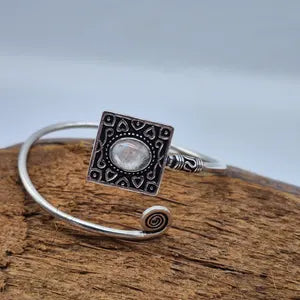 Silver Plated Moonstone Bangle Bracelet: Adjustable Crystal Torque