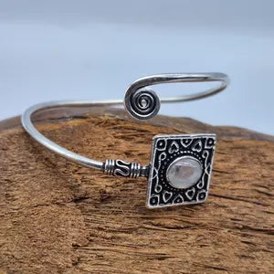 Silver Plated Moonstone Bangle Bracelet: Adjustable Crystal Torque