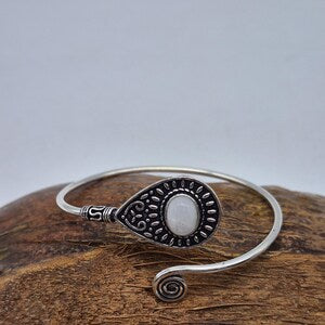 Silver Plated Moonstone Bangle Bracelet: Adjustable Crystal Torque