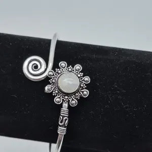 Silver Plated Moonstone Bangle Bracelet: Adjustable Crystal Torque
