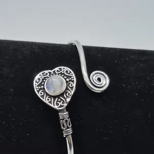 Silver Plated Moonstone Bangle Bracelet: Adjustable Crystal Torque