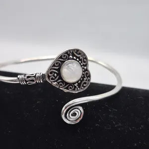 Silver Plated Moonstone Bangle Bracelet: Adjustable Crystal Torque