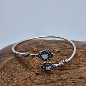 Silver Plated Moonstone Bangle Bracelet: Adjustable Crystal Torque