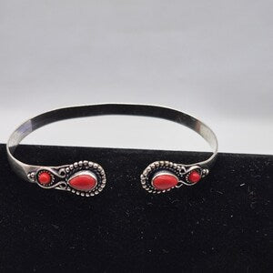 Genuine Red Coral Silver Plated Cuff | Adjustable Bangle for Women