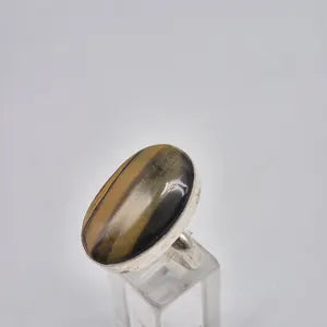 Tiger Eye Adjustable Ring – Silver Plated Cabochon Statement Jewelry