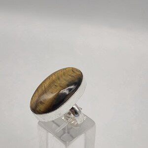 Tiger Eye Adjustable Ring – Silver Plated Cabochon Statement Jewelry