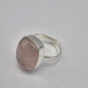 Rose Quartz Adjustable Ring – Silver Plated Cabochon Love Crystal Jewelry